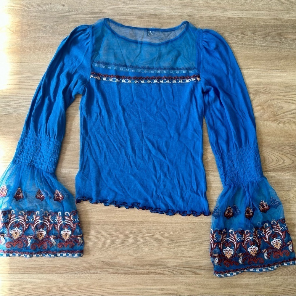 Free People Blue Flared Sleeve Mesh Embroidered Ribbed Longsleeve Top - Picture 3 of 6